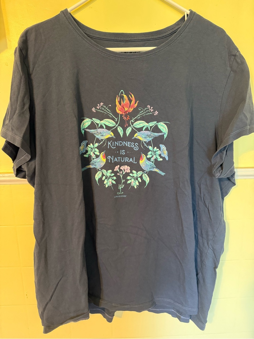 Life Is Good Navy Short Sleeve Tee with Multicolor Floral & Bird Graphic